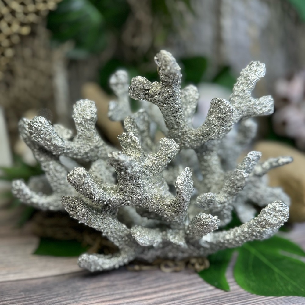 NEW Silver Poly Resin CORAL Coastal Nautical Beach Ocean Decor Bookend Shell Dis